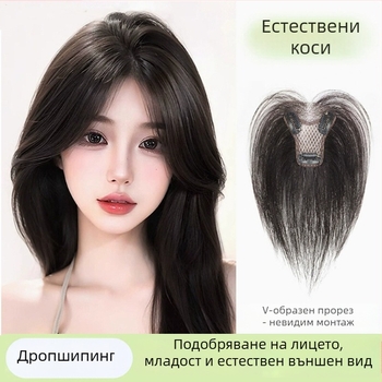 Перука с челка за жени, платка върху горната част на главата, истински коси, механизъм на изработка, челки права или наклонена, не подлежи на боядисване или къдрене