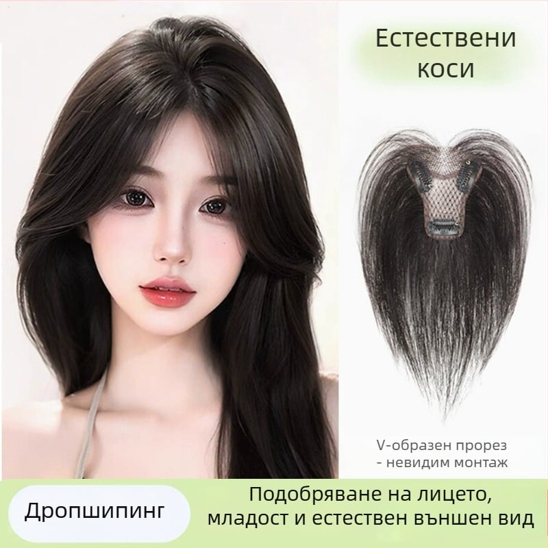 Перука с челка за жени, платка върху горната част на главата, истински коси, механизъм на изработка, челки права или наклонена, не подлежи на боядисване или къдрене