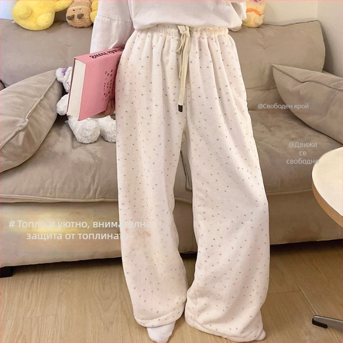Женски фланелени термални пижамни панталони, удебелени, свободен крой, 100% полиестер, тегло 181–200 г/м²