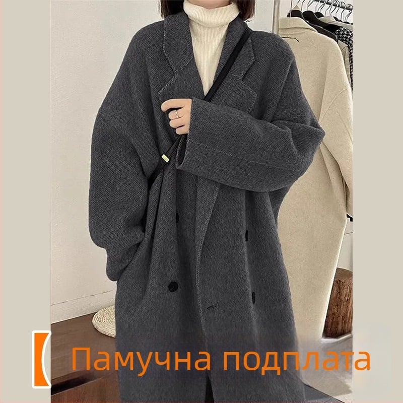 Вълнено палто с средна дължина, двуредово закопчаване, дебело, стил японски и корейски неформален