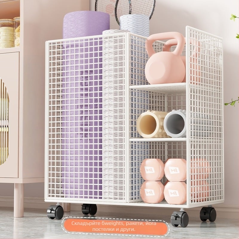 Qin qi Железна кошница за съхранение на йога постелки с колела – модерен стил, количка за домашен фитнес и оборудване за бадминтон