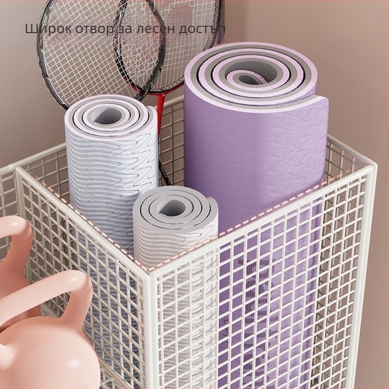 Qin qi Железна кошница за съхранение на йога постелки с колела – модерен стил, количка за домашен фитнес и оборудване за бадминтон