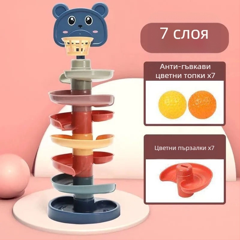 Образователна трек-играчка: кула с топки по трасето за деца 3–6 години, пластмасова конструкция; развива моторика, координация ръце-око и зрение.