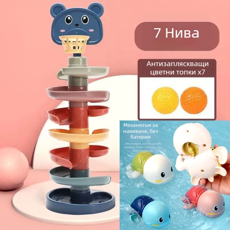 Образователна трек-играчка: кула с топки по трасето за деца 3–6 години, пластмасова конструкция; развива моторика, координация ръце-око и зрение.