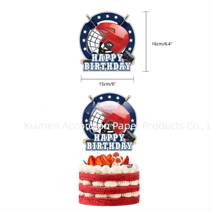 Комплект за детски рожден ден с хокейна тема — украси за торта с хокейни флагчета, балони, табелки за врата и висящи карти; материал: ламинирана хартия; геометричен дизайн, модерен и минималистичен стил.