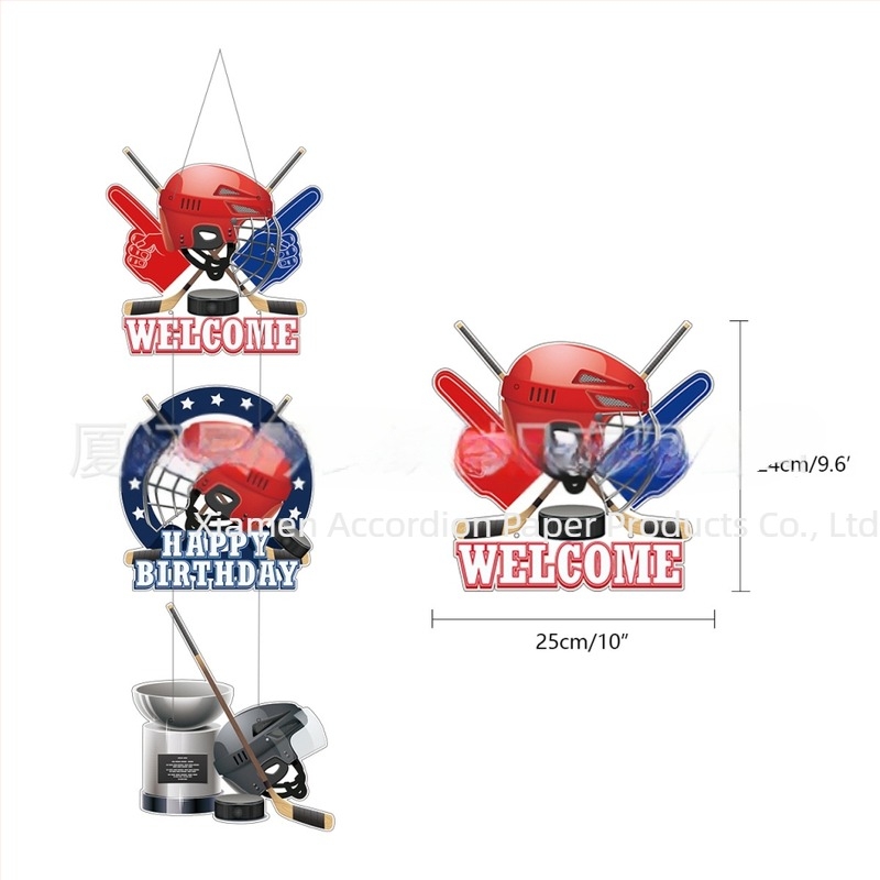 Комплект за детски рожден ден с хокейна тема — украси за торта с хокейни флагчета, балони, табелки за врата и висящи карти; материал: ламинирана хартия; геометричен дизайн, модерен и минималистичен стил.