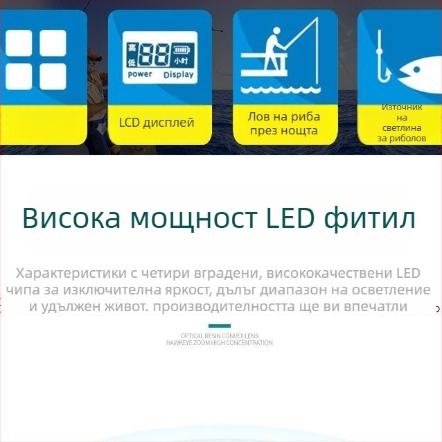 Лампа за нощен риболов с четири светлинни източника, регулируем зум, лазерна турелна лампа с висока мощност, захранвана от батерии