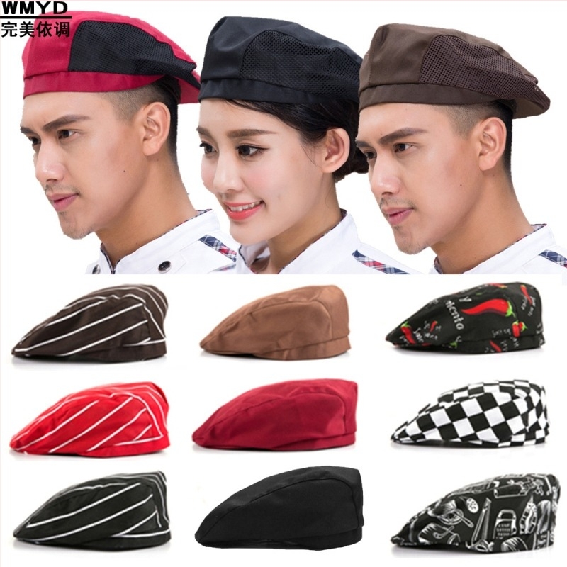 Лятна шапка-берет за готвачи с дишаща мрежа, полиестер, принтирано лого, кетърингова работна шапка