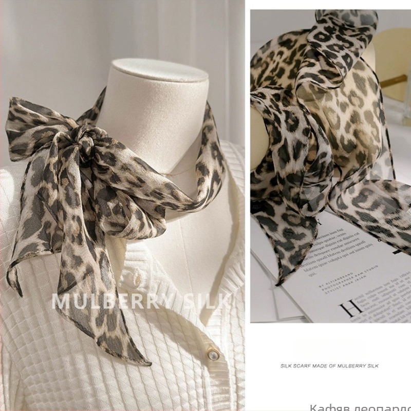 Копринен шал Georgette за жени, професионален офис стил, дълъг тесен модел (100% коприна, crepe тъкан, печат, лято)