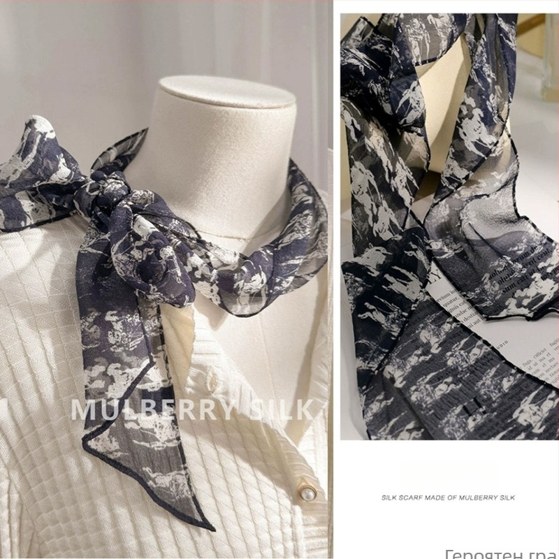 Копринен шал Georgette за жени, професионален офис стил, дълъг тесен модел (100% коприна, crepe тъкан, печат, лято)