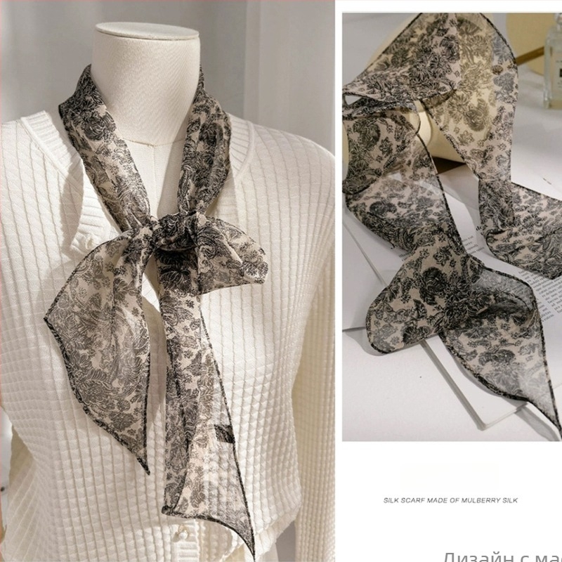 Копринен шал Georgette за жени, професионален офис стил, дълъг тесен модел (100% коприна, crepe тъкан, печат, лято)