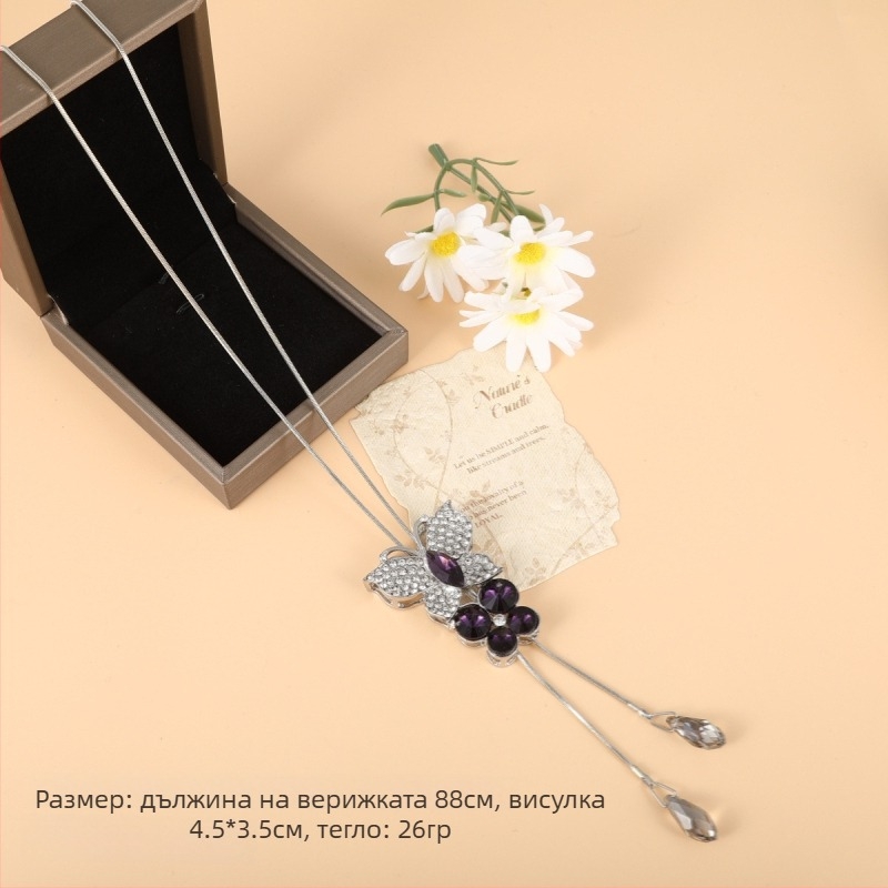 Корейски стил: дълго колие за пуловер с цветен мотив, сплавна топчеста верига, клетъчна шарка