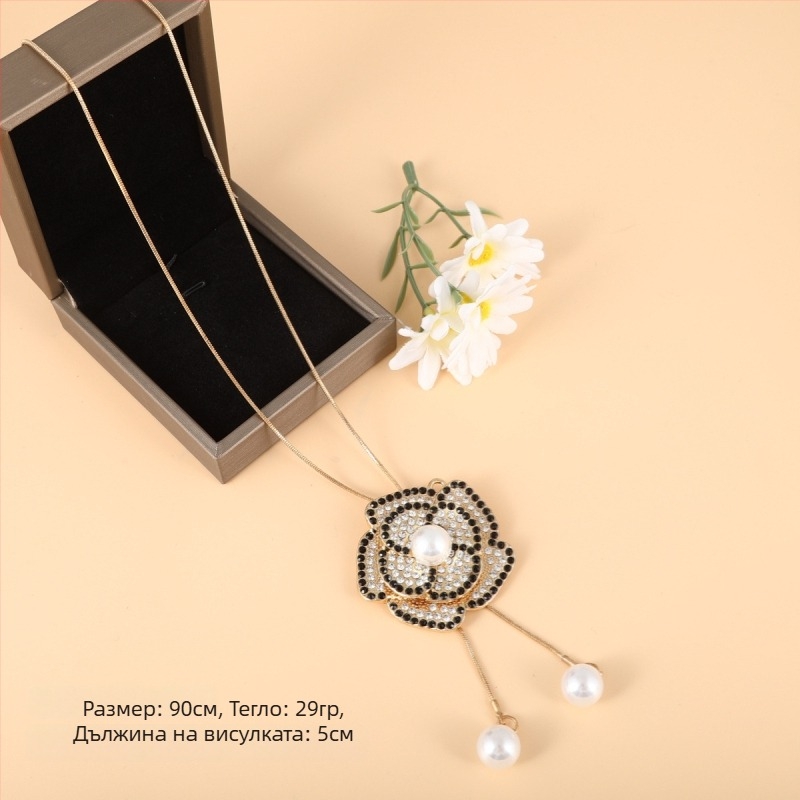 Корейски стил: дълго колие за пуловер с цветен мотив, сплавна топчеста верига, клетъчна шарка