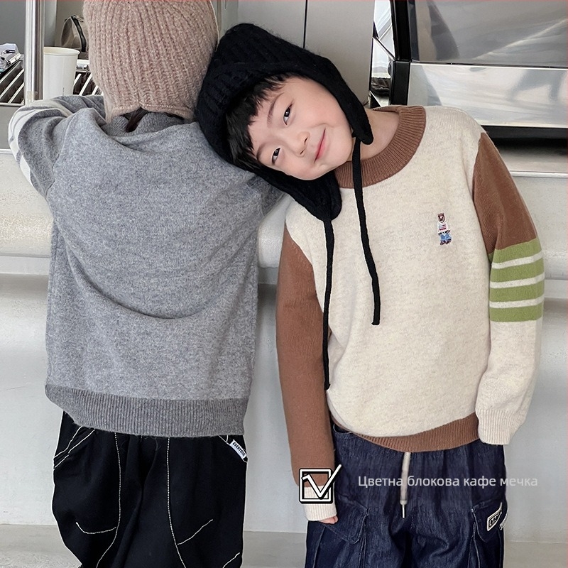 Детски вълнен пуловер в корейски стил, кръгло деколте, дълги ръкави, еднообразен модел, за деца 3–8 години, зима