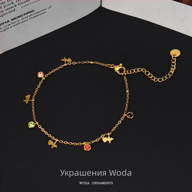 Глезенна гривна със звезди, луна и длан – титаниова стомана, неръждаема и не избледняваща повърхност, дамски аксесоар за крак с диамантени акценти, възможна персонализация