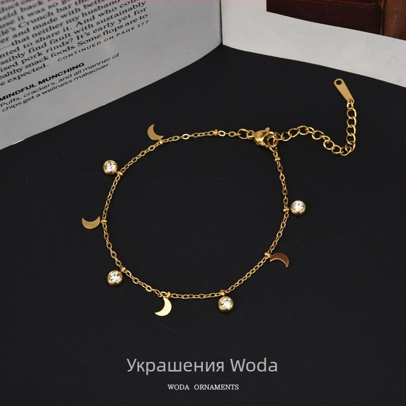 Глезенна гривна със звезди, луна и длан – титаниова стомана, неръждаема и не избледняваща повърхност, дамски аксесоар за крак с диамантени акценти, възможна персонализация