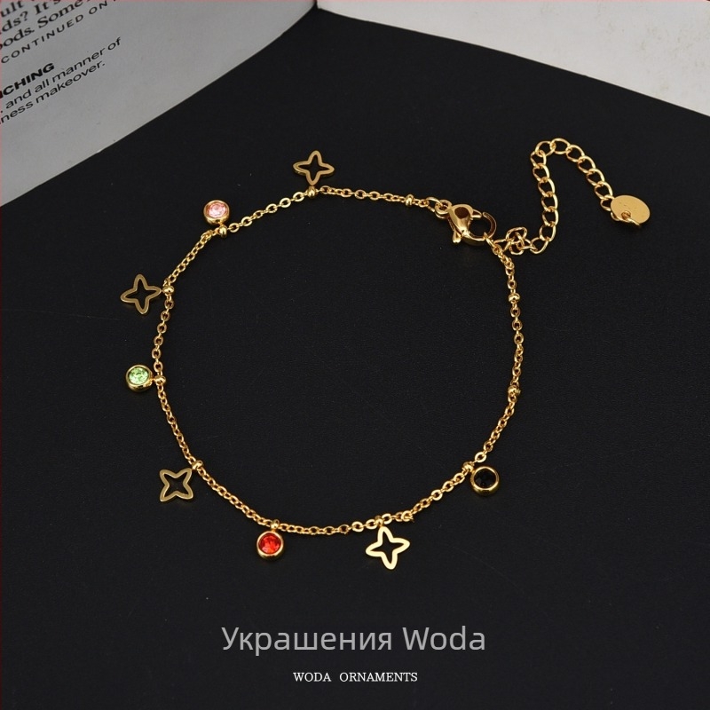 Глезенна гривна със звезди, луна и длан – титаниова стомана, неръждаема и не избледняваща повърхност, дамски аксесоар за крак с диамантени акценти, възможна персонализация