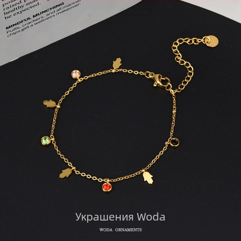 Глезенна гривна със звезди, луна и длан – титаниова стомана, неръждаема и не избледняваща повърхност, дамски аксесоар за крак с диамантени акценти, възможна персонализация