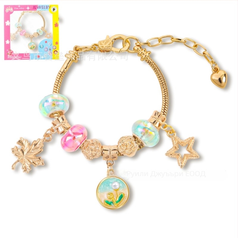 Детска гривна от мъниста с регулируема дължина, стил маслена живопис, листоподобен дизайн, цинкова сплав, имитационни кристали и перли