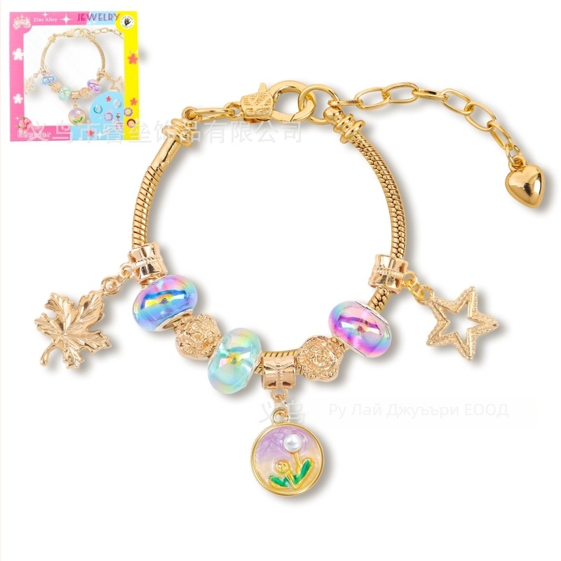 Детска гривна от мъниста с регулируема дължина, стил маслена живопис, листоподобен дизайн, цинкова сплав, имитационни кристали и перли