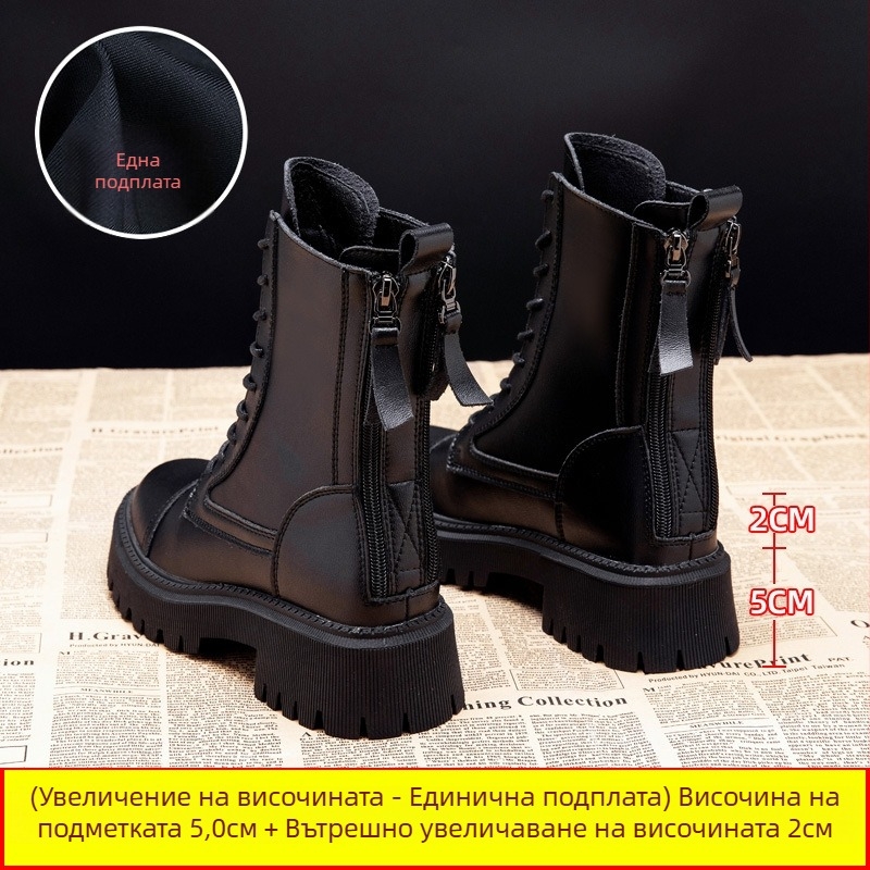 Мартин ботуши за жени с дебело ходило, горна част от две слоя телешка кожа, каучукова подметка, латексов стелка, височина на тока 6–8 см, корейски стил