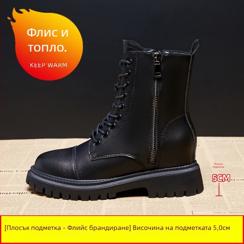 Мартин ботуши за жени с дебело ходило, горна част от две слоя телешка кожа, каучукова подметка, латексов стелка, височина на тока 6–8 см, корейски стил