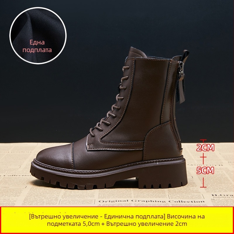 Мартин ботуши за жени с дебело ходило, горна част от две слоя телешка кожа, каучукова подметка, латексов стелка, височина на тока 6–8 см, корейски стил