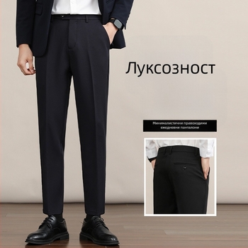 Мъжки прави панталони, дебел полиестер 94.8% и еластан 5.2%, без гладене, антибръчкване, средно-висока талия, цип, зимни бизнес панталони