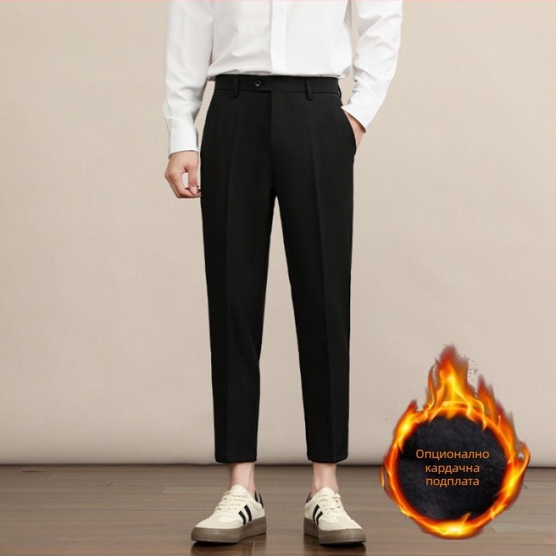 Мъжки прави панталони, дебел полиестер 94.8% и еластан 5.2%, без гладене, антибръчкване, средно-висока талия, цип, зимни бизнес панталони