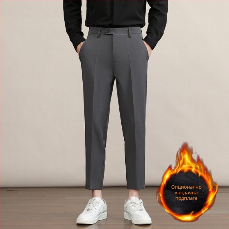 Мъжки прави панталони, дебел полиестер 94.8% и еластан 5.2%, без гладене, антибръчкване, средно-висока талия, цип, зимни бизнес панталони