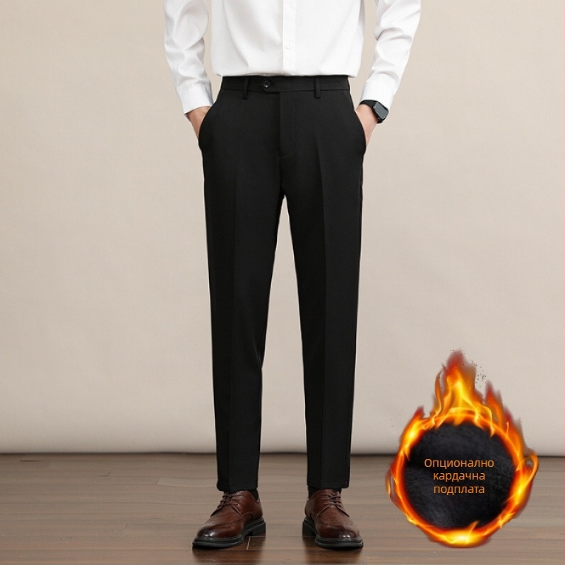 Мъжки прави панталони, дебел полиестер 94.8% и еластан 5.2%, без гладене, антибръчкване, средно-висока талия, цип, зимни бизнес панталони