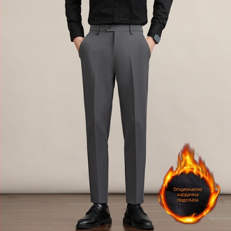 Мъжки прави панталони, дебел полиестер 94.8% и еластан 5.2%, без гладене, антибръчкване, средно-висока талия, цип, зимни бизнес панталони