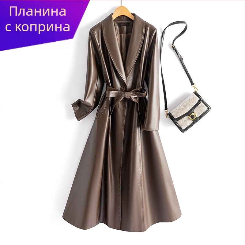 Женско PU кожено палто с удължен силует, талия със стягане, закопчаване с едно копче