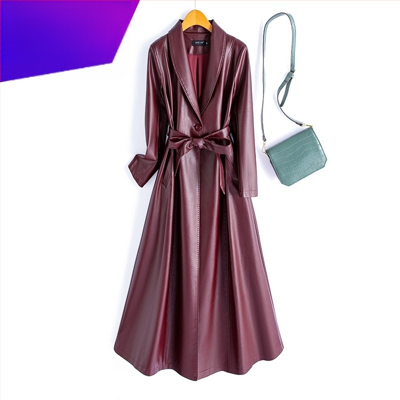 Женско PU кожено палто с удължен силует, талия със стягане, закопчаване с едно копче