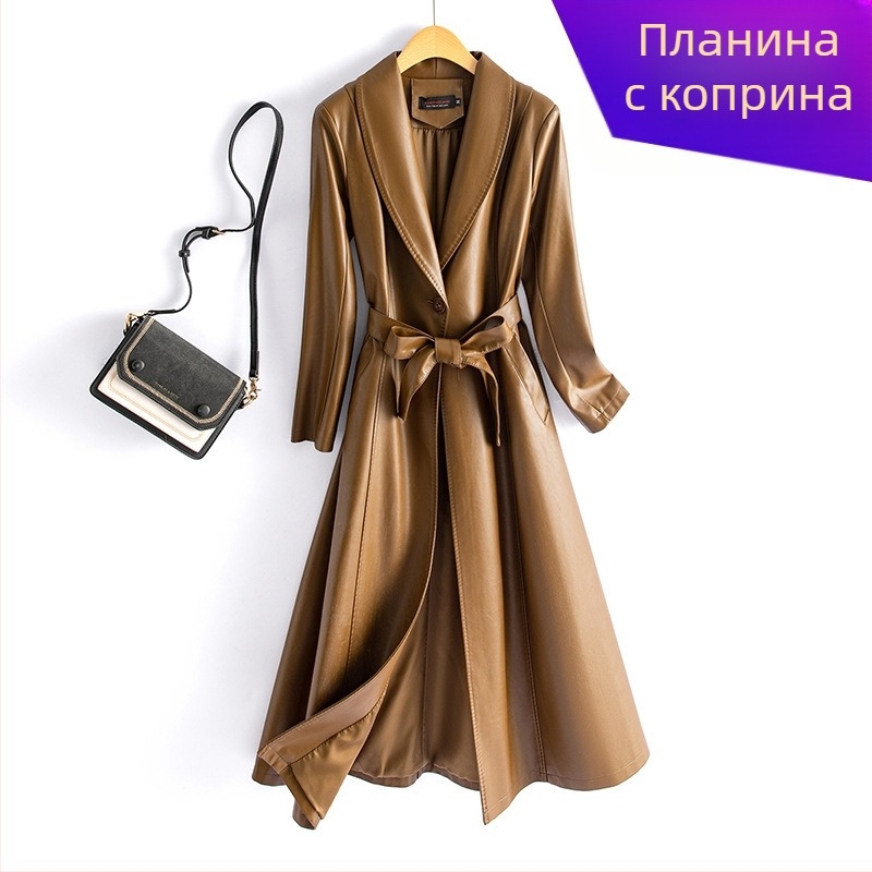 Женско PU кожено палто с удължен силует, талия със стягане, закопчаване с едно копче