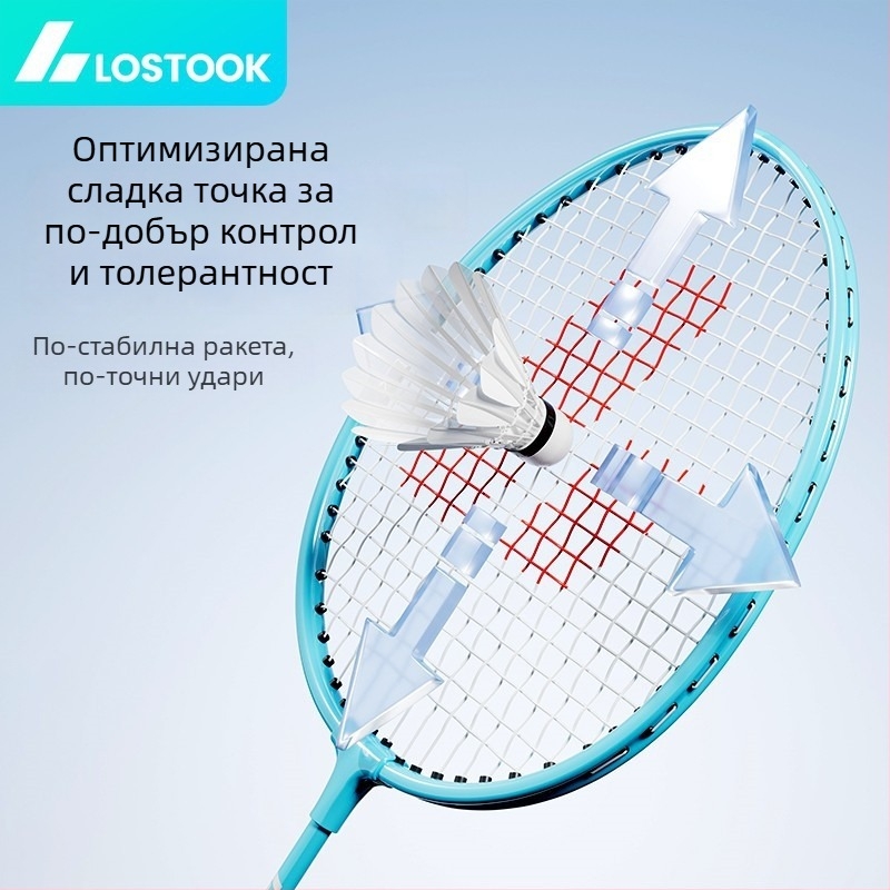Бадминтон ракетка – двойна ракетка с рамка от железен сплав, найлонови струни, тегло 95–100 g, дръжка от пяна, директен удар