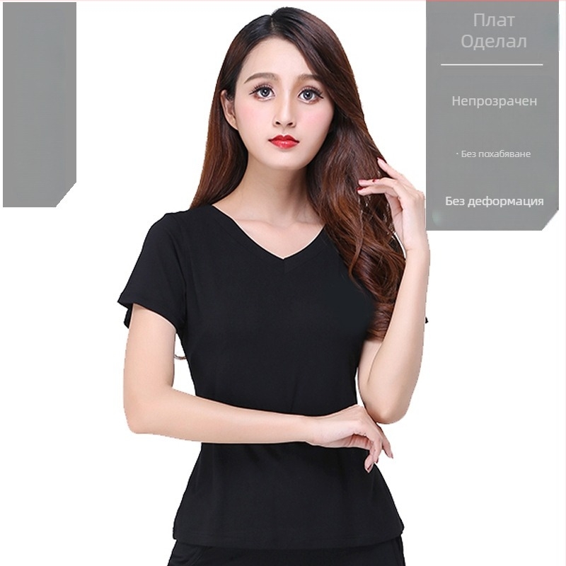 Модерен танцов комплект: топ с V-образно деколте и къс ръкав, памучно-смесена тъкан, 90% модал в подплата, подходящ за латин танц и национален стандарт