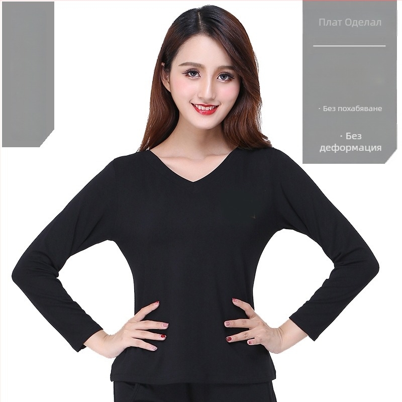 Модерен танцов комплект: топ с V-образно деколте и къс ръкав, памучно-смесена тъкан, 90% модал в подплата, подходящ за латин танц и национален стандарт