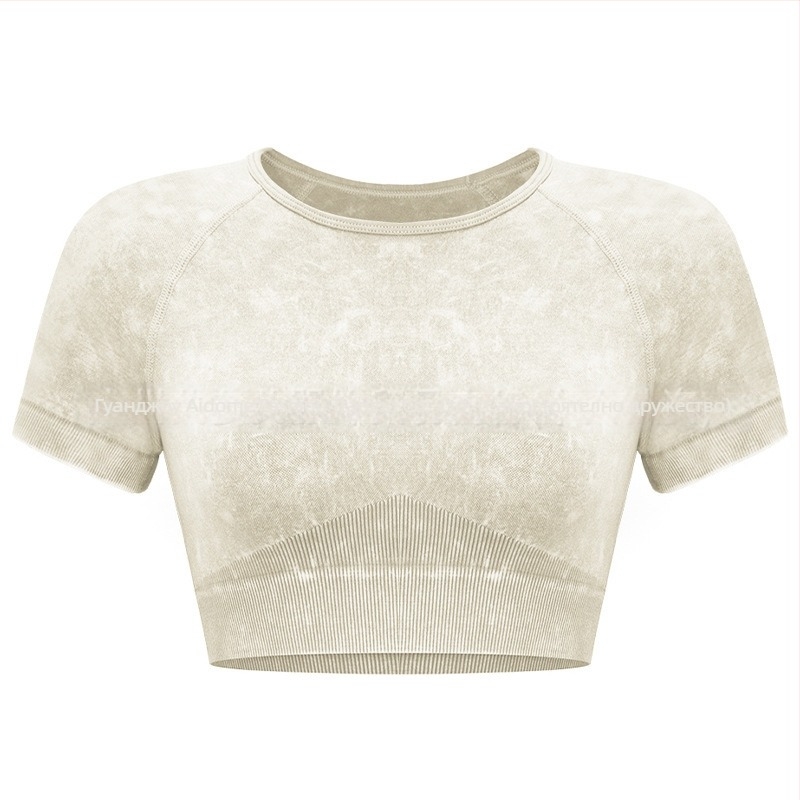 Дамски комплект за йога от две части – топ с къс ръкав и къси панталони, пуловер стил, плат: найлонова смес с химически влакна