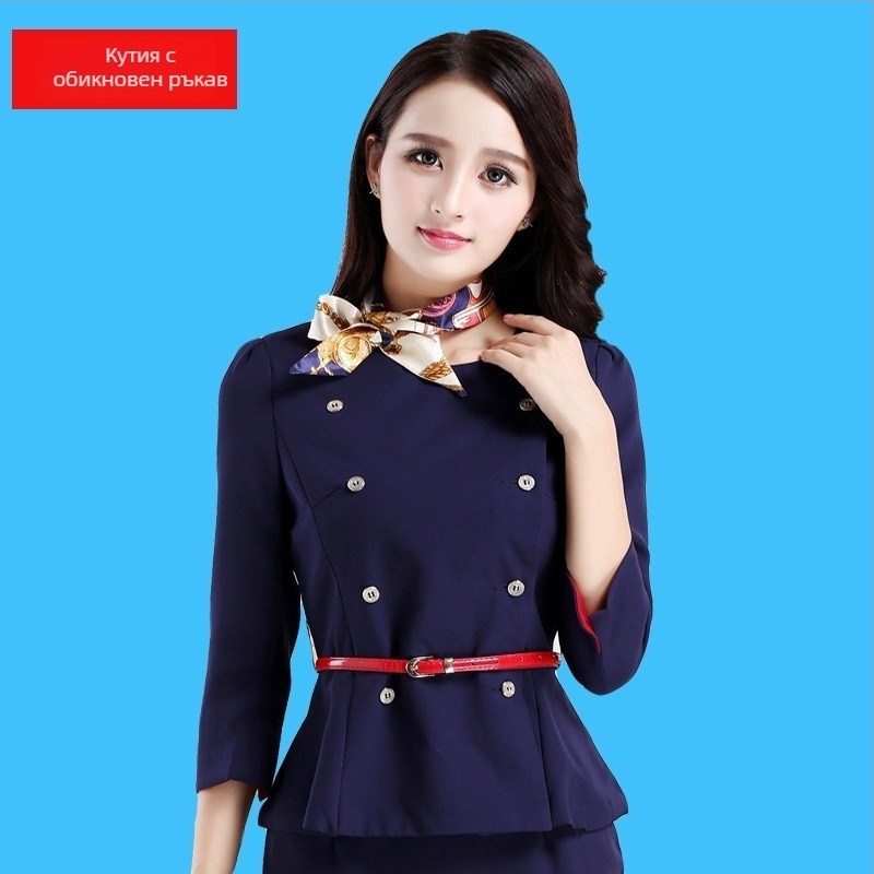 Професионален дамски костюм с панталони – двучастков есенно-зимен комплект за офис и продажби. Година/Сезон: Summer 2023; Тъкани: полиестерно влакно; Основна материя: козья кожа; Ръкав: три четвърти; Дължина на пола: средна.