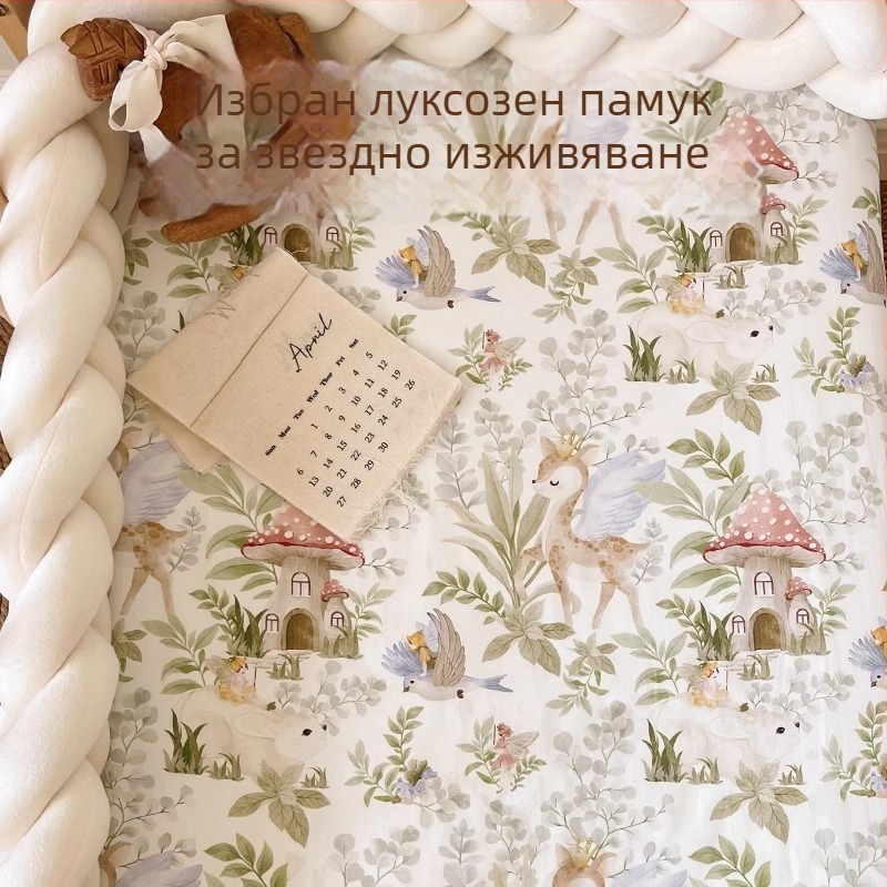 Комплект бебешко спално бельо от чист памук: прилепващ чаршаф за креватче, плосък чаршаф и протектор за матрак с патчворк дизайн