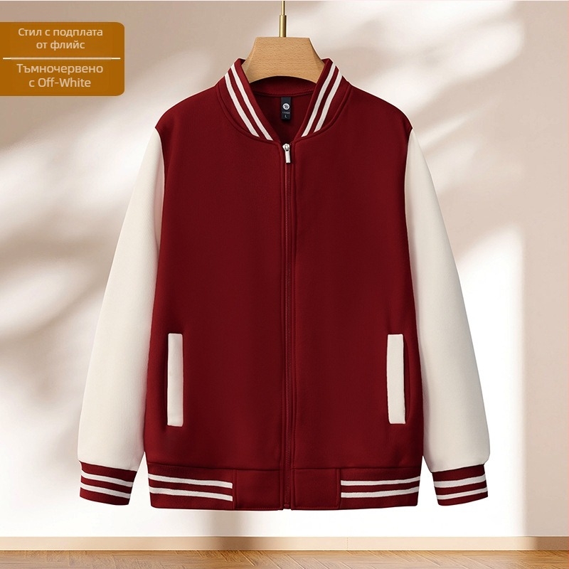 Бейсболно яке с блоков модел, цип, стойка яка, свободна кройка, печат на лого