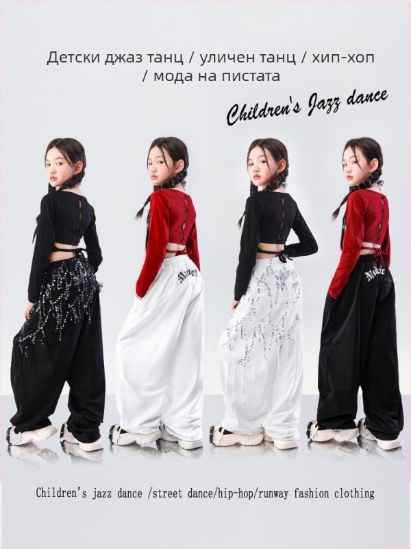 Детски комплект за уличен джаз танц — кроп топ за момичета, 95% памук, меко обработена тъкан, за възраст 8+ години, пролетно-есенен