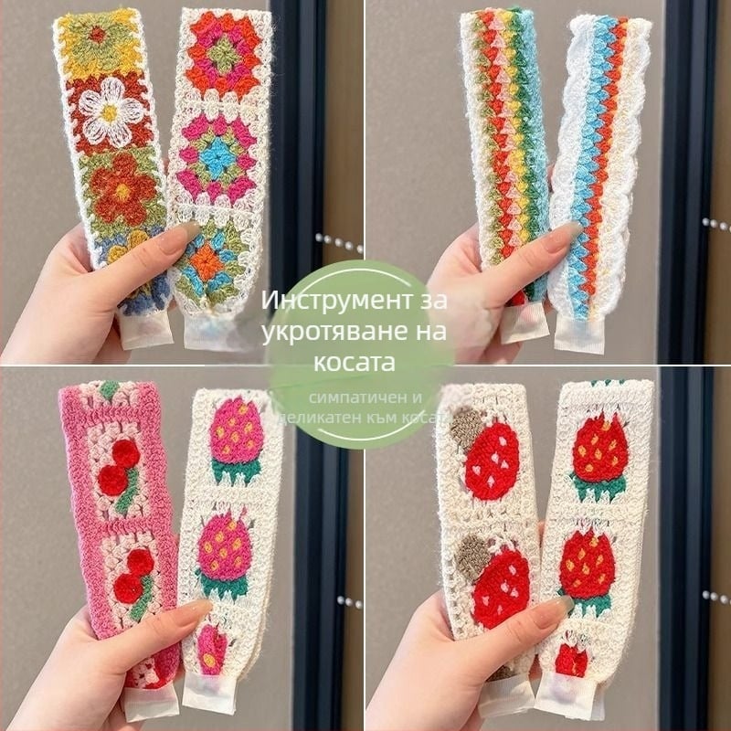 Плетена лепяща лента за коса за деца, цветеобразна форма, панделка, ръчна изработка от вълна