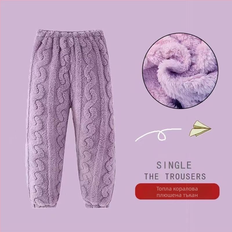 Детски топли домашни пижамни панталони за вкъщи — корална плюшена материя, полиестер 100%, флисово обработени, за деца 3–8 г, зима
