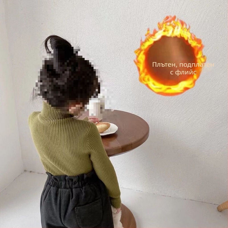 Детска трикотажна блуза в корейски стил, полувисока яка, ръбести ивици, дълги ръкави, 30% памук