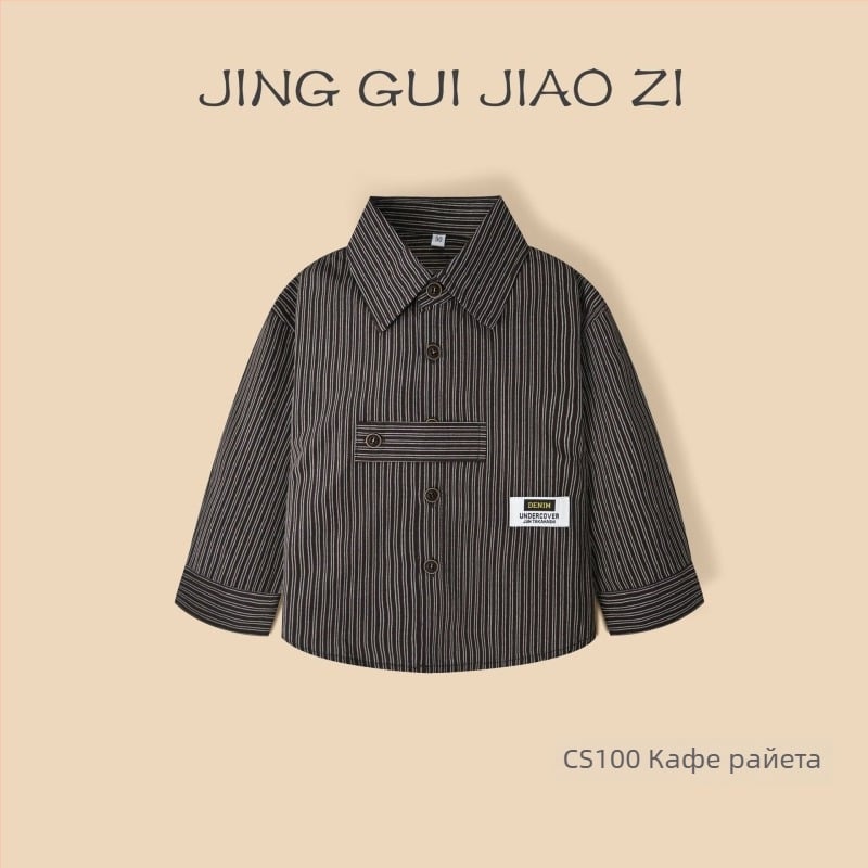 Момчешка дълъг ръкав памучна риза с райета, лаповидна яка, 100% памук, мека обработка, за пролет и есен, за деца 3–8 години