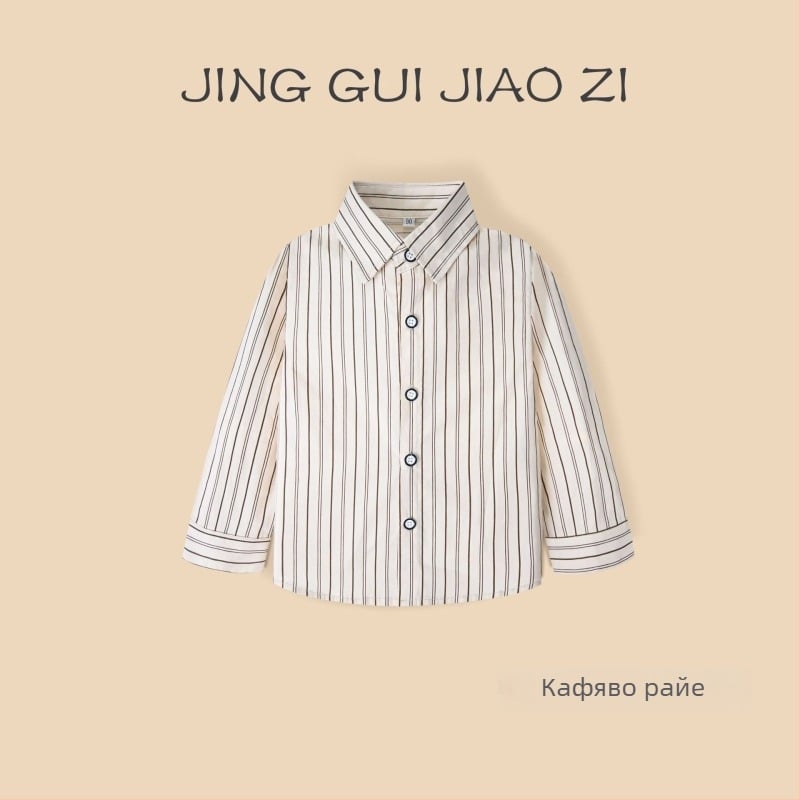 Момчешка дълъг ръкав памучна риза с райета, лаповидна яка, 100% памук, мека обработка, за пролет и есен, за деца 3–8 години