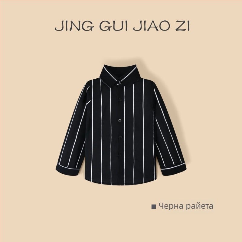 Момчешка дълъг ръкав памучна риза с райета, лаповидна яка, 100% памук, мека обработка, за пролет и есен, за деца 3–8 години