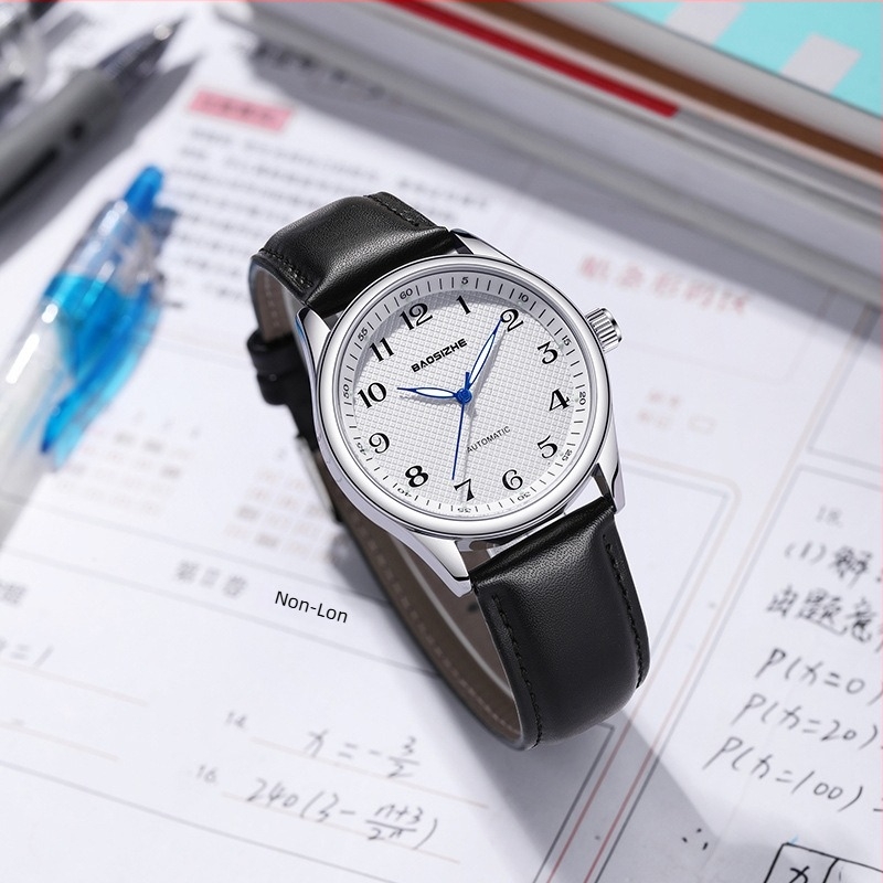 Bao Sizhe за двойки автоматичен механичен часовник с календар и седмично показване, светещи стрелки, естествена кожена каишка, водоустойчивост 30m